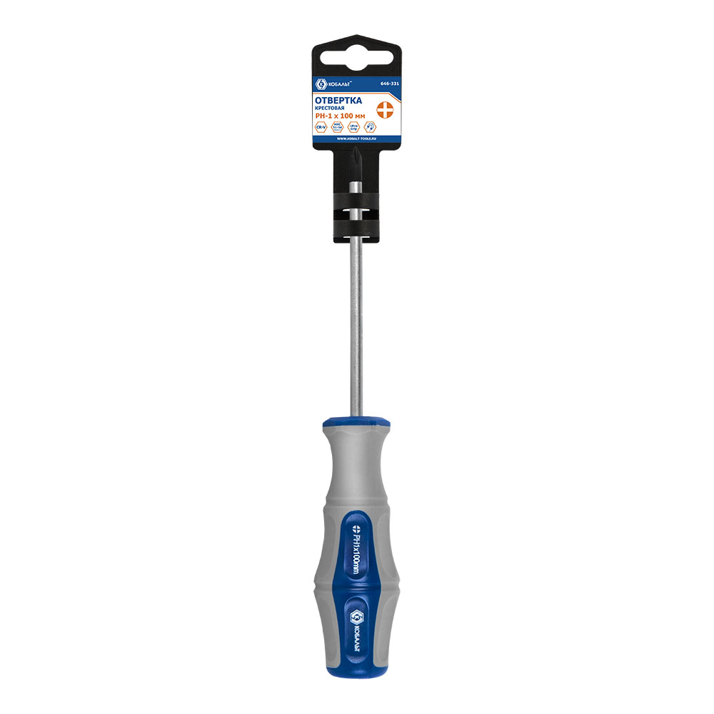 Отвертка Ultra Grip КОБАЛЬТ PH-1 х 100 ммCR-V, двухкомпонентная рукоятка (1 шт.) подвес
