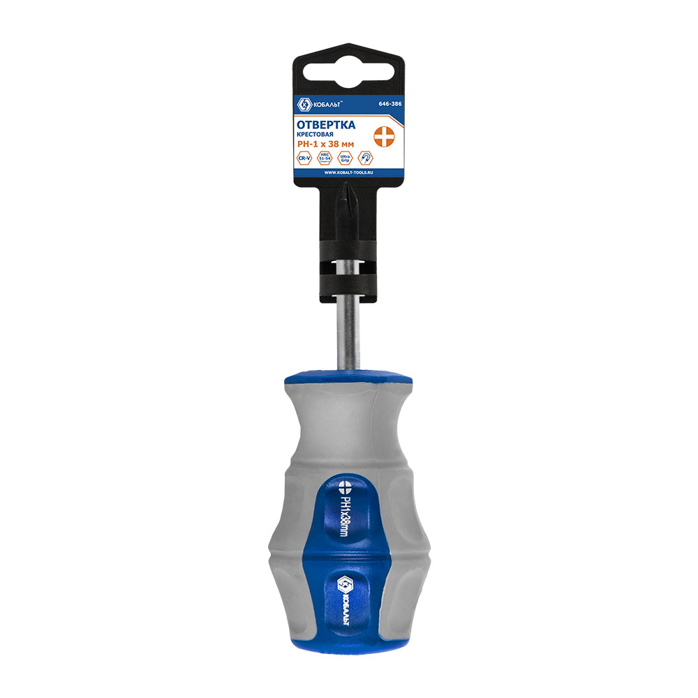 Отвертка Ultra Grip КОБАЛЬТ PH-1 х 38 ммCR-V, двухкомпонентная рукоятка (1 шт.) подвес