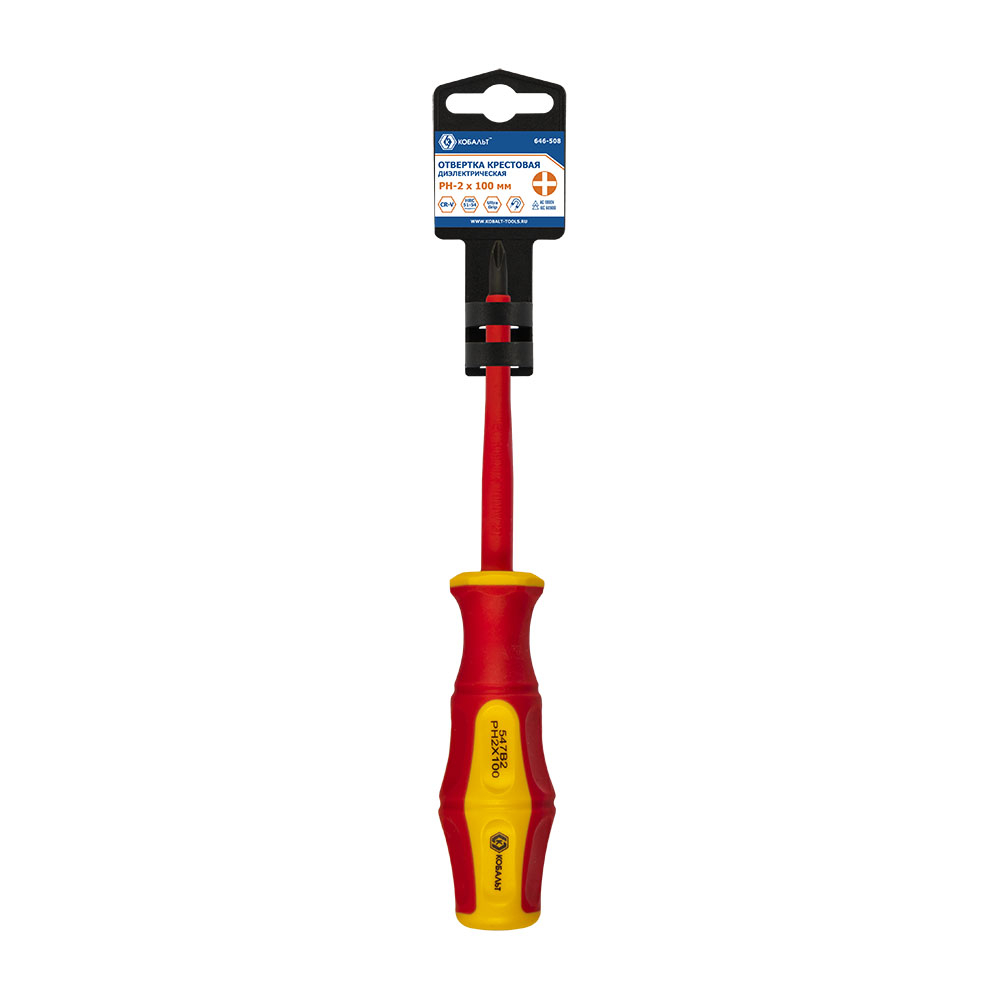 Отвертка диэлектрическая КОБАЛЬТ Ultra Grip PH-2 х 100 ммCR-V, двухкомпонентная рукоятка (1 шт.) подвес