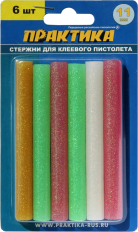 Клей для клеевого пистолета ПРАКТИКА цветной, с блестками, 11 х 100 мм, 6шт / блистер (790-229)цветной, с блестками, 11 х 100 мм, 6шт / блистер