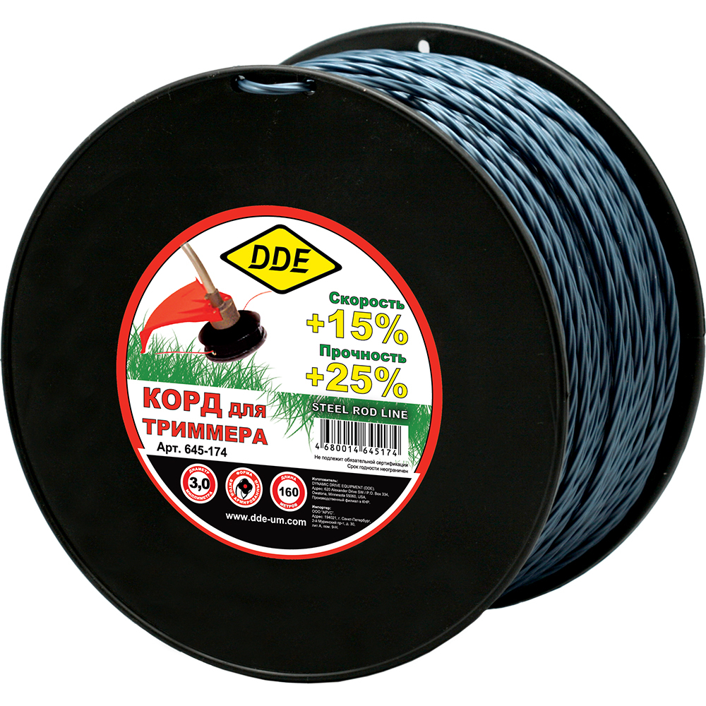 Корд триммерный на катушке DDE "Steel rod line" (крест витой армированный) 3,0 мм х 160 м, (645-174)(крест витой армированный) 3,0 мм х 160 м, голубой/красный