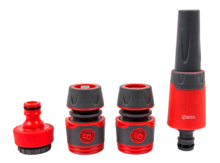 Набор поливочный QUATTRO ELEMENTI 4 предмета. Соединитель 1/2"-2 шт., штуцер 1/2" и 3/4",  (646-195)штуцер 1/2" и 3/4", насадка поливочная, мягкий пластик, аквастоп