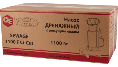 Насос фекальный QUATTRO ELEMENTI Sewage 1100F Ci-Cut (1100 Вт, 20000 л/ч, грязевой, 13 м, 21 кг, чугун, с НОЖОМ) ПРОФ(1100 Вт, 20000 л/ч, грязевой, 13 м, 21 кг, чугун, с НОЖОМ) ПРОФ