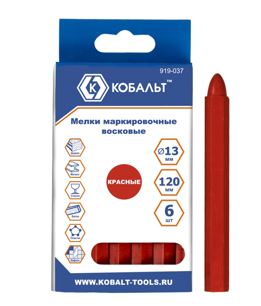 Мелки маркировочные КОБАЛЬТ восковые, красные, 120 мм, 6 ШТ., коробка (919-037)восковые, красные, 120 мм, 6 ШТ., коробка (919-037)