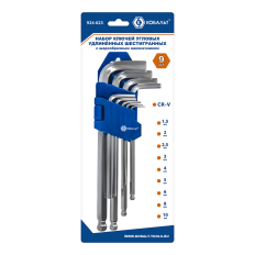 Набор ключей угловых удлинённых КОБАЛЬТ шестигранных: 1.5, 2, 2.5, 3, 4, 5, 6, 8, 10 мм, с шаром, CR-V, подвес (924-023)с шаром, CR-V, подвес (924-023)